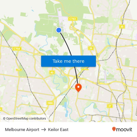 Melbourne Airport to Keilor East map