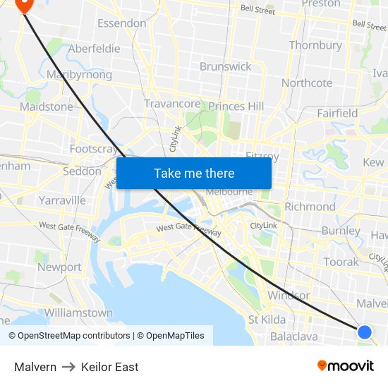 Malvern to Keilor East map