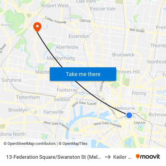 13-Federation Square/Swanston St (Melbourne City) to Keilor East map