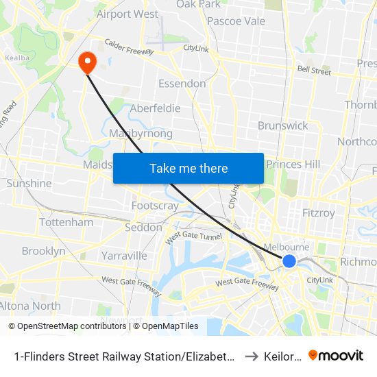 1-Flinders Street Railway Station/Elizabeth St (Melbourne City) to Keilor East map