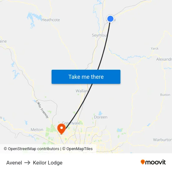 Avenel to Keilor Lodge map