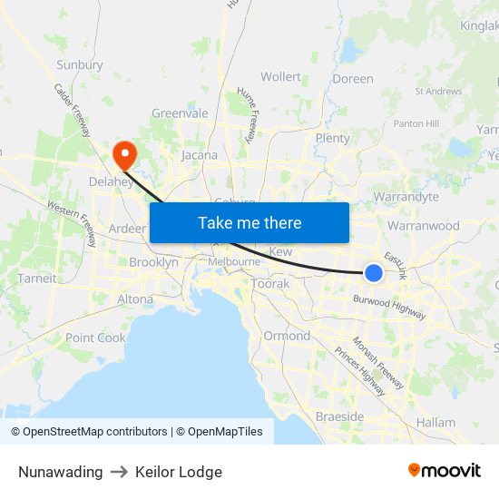 Nunawading to Keilor Lodge map