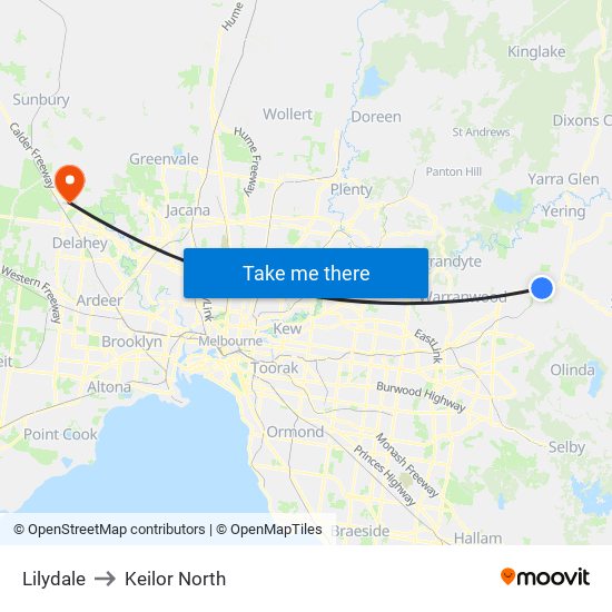 Lilydale to Keilor North map