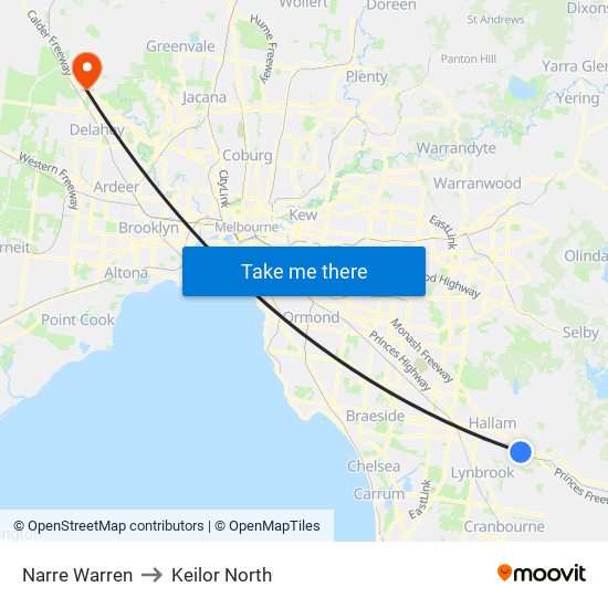 Narre Warren to Keilor North map