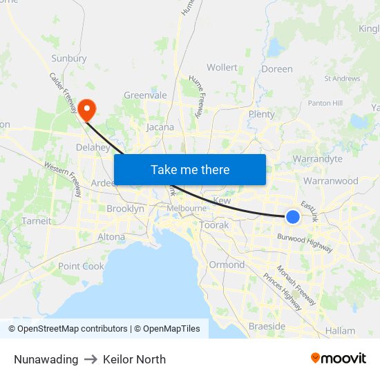 Nunawading to Keilor North map