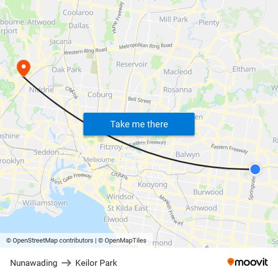 Nunawading to Keilor Park map