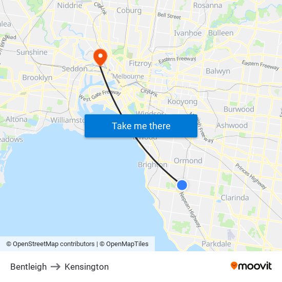 Bentleigh to Kensington map