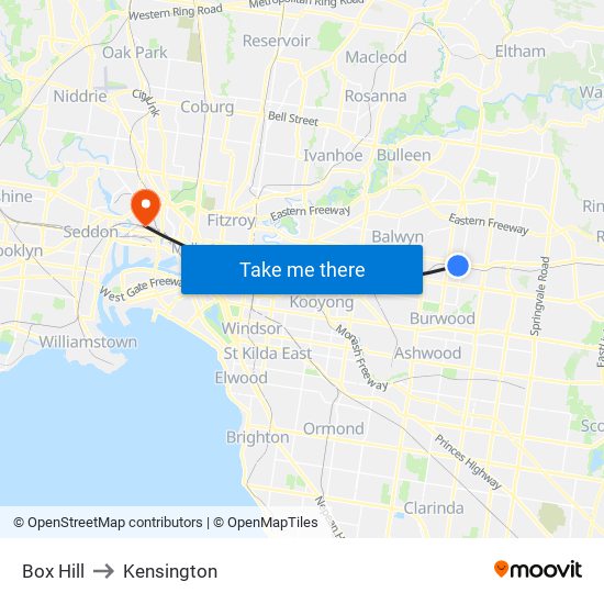 Box Hill to Kensington map