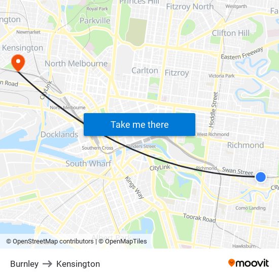 Burnley to Kensington map