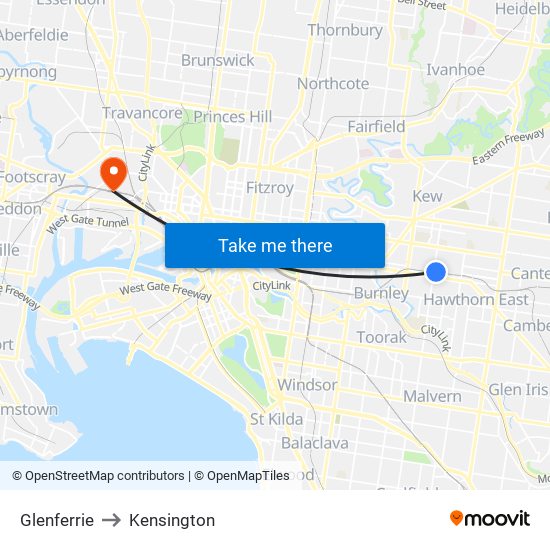 Glenferrie to Kensington map