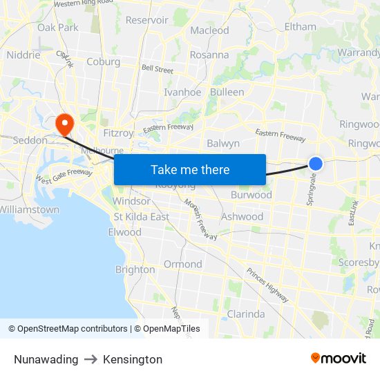 Nunawading to Kensington map