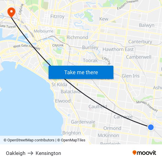 Oakleigh to Kensington map