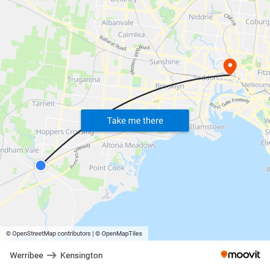 Werribee to Kensington map