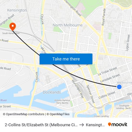 2-Collins St/Elizabeth St (Melbourne City) to Kensington map