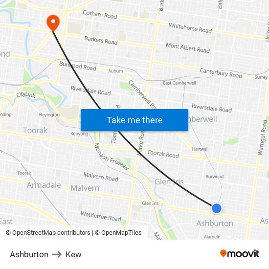 Ashburton to Kew map