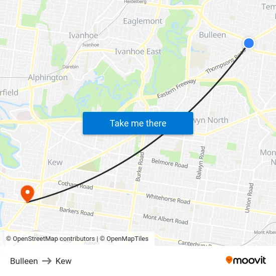 Bulleen to Kew map
