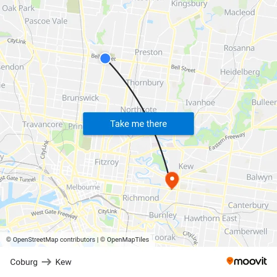 Coburg to Kew map