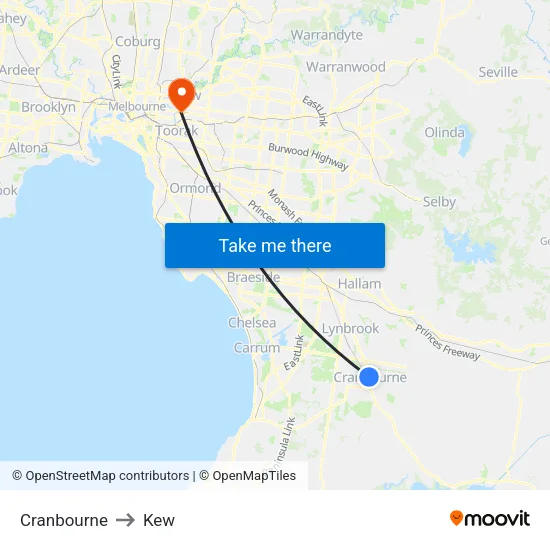 Cranbourne to Kew map