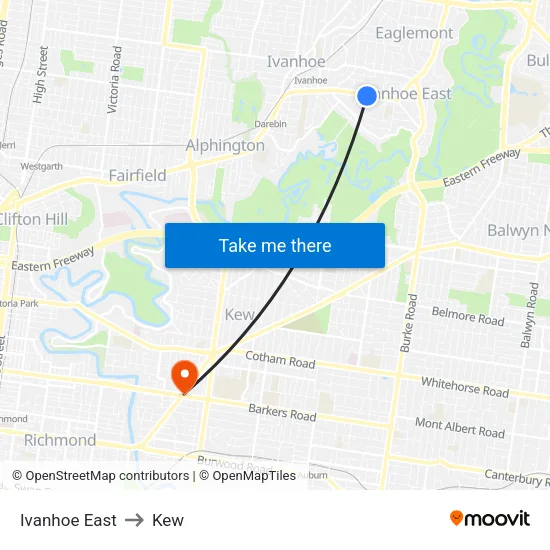 Ivanhoe East to Kew map