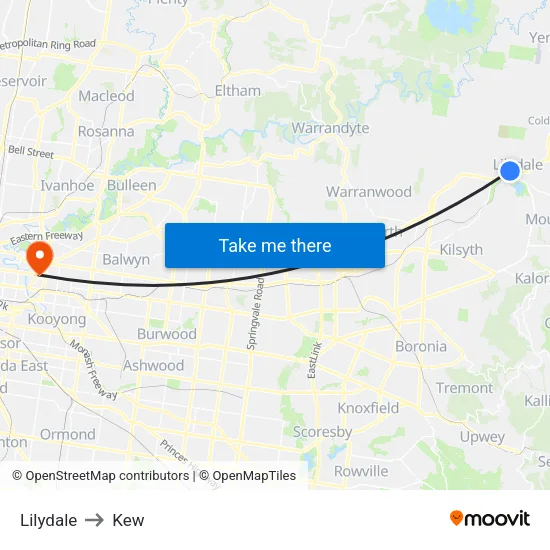 Lilydale to Kew map