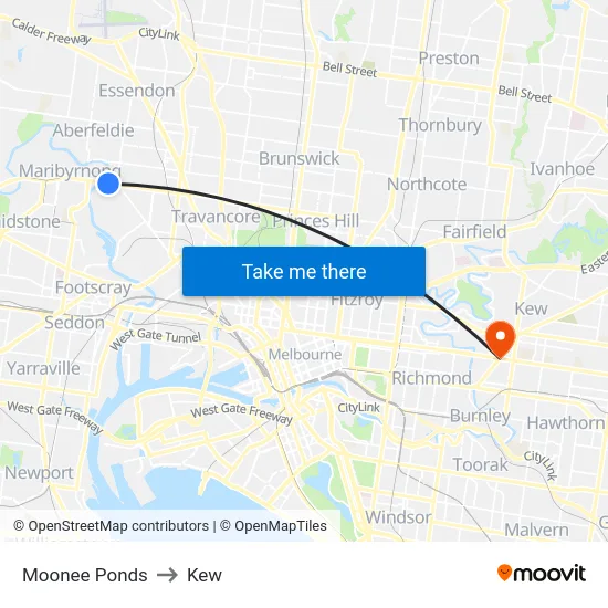 Moonee Ponds to Kew map