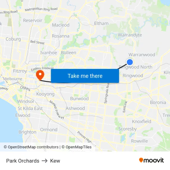 Park Orchards to Kew map