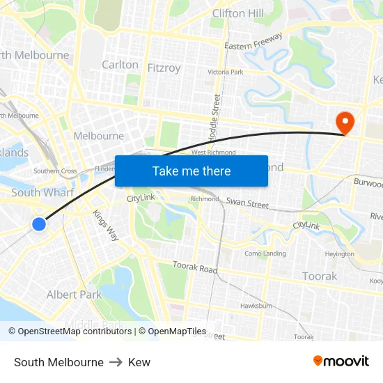 South Melbourne to Kew map