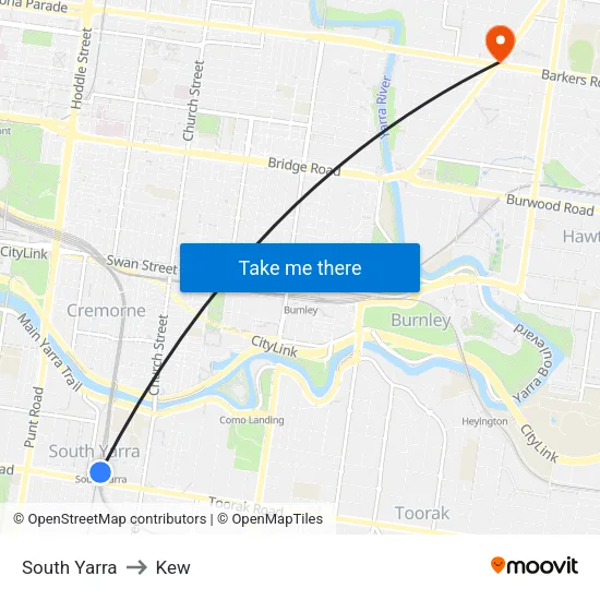 South Yarra to Kew map