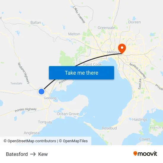Batesford to Kew map