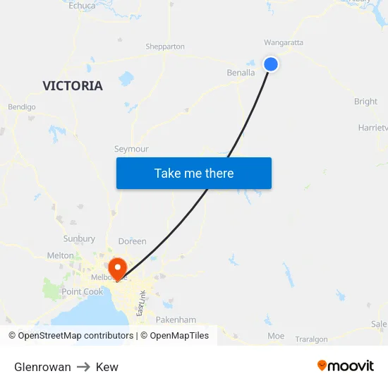 Glenrowan to Kew map