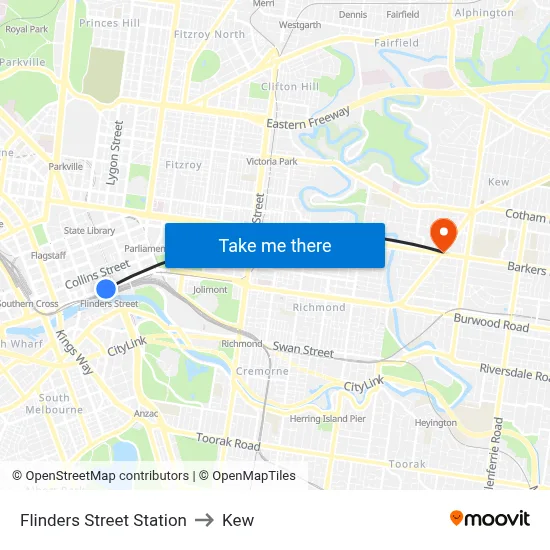 Flinders Street Station to Kew map