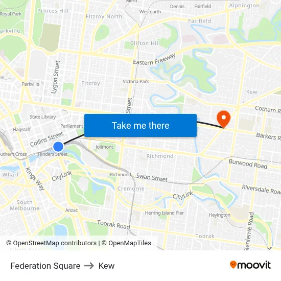 Federation Square to Kew map
