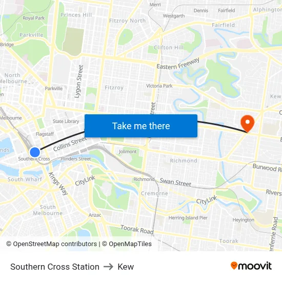 Southern Cross Station to Kew map