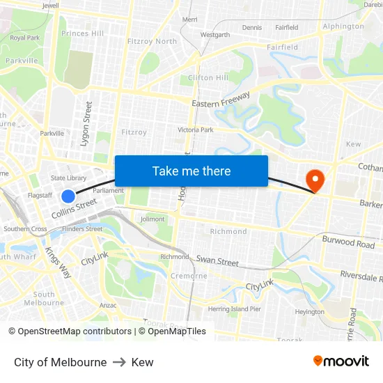 City of Melbourne to Kew map