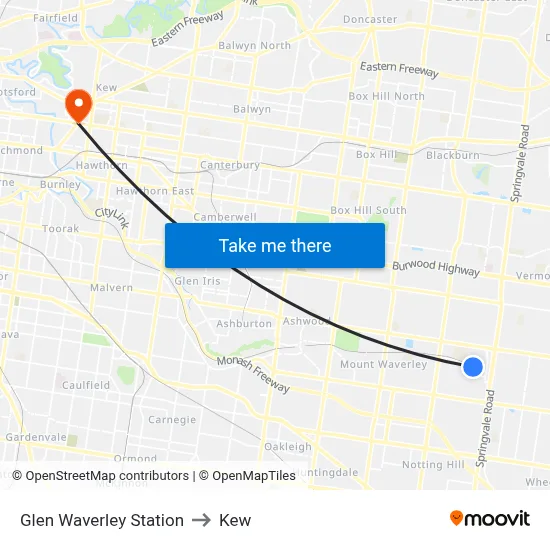 Glen Waverley Station to Kew map