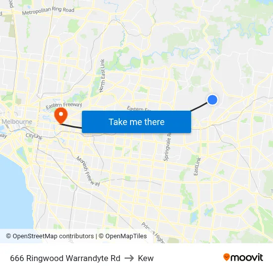 666 Ringwood Warrandyte Rd to Kew map