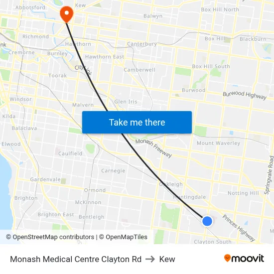 Monash Medical Centre Clayton Rd to Kew map