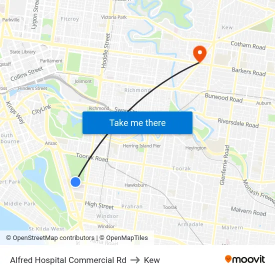 Alfred Hospital Commercial Rd to Kew map
