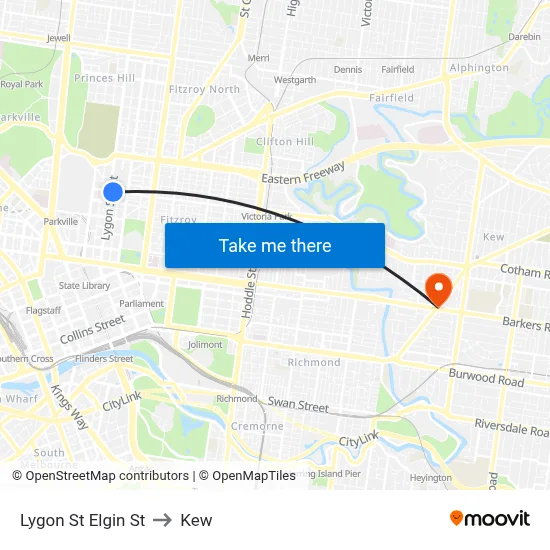 Lygon St Elgin St to Kew map
