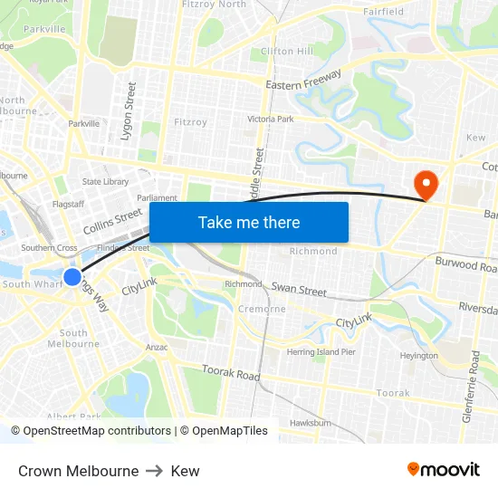 Crown Melbourne to Kew map