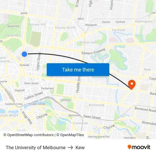 The University of Melbourne to Kew map