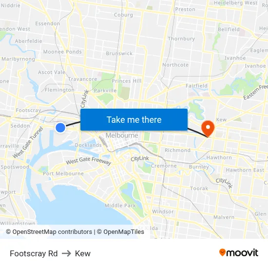 Footscray Rd to Kew map