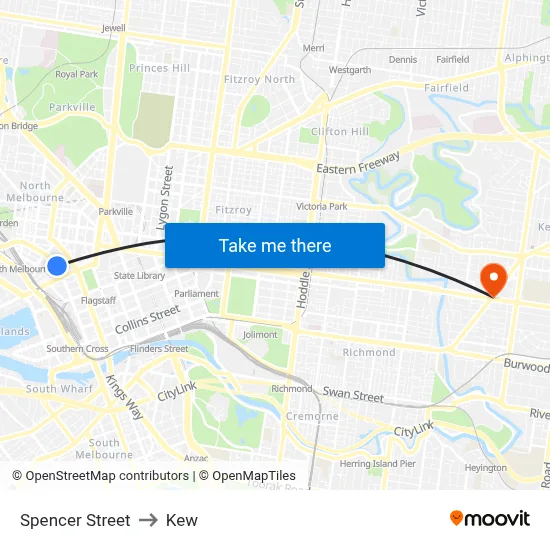Spencer Street to Kew map