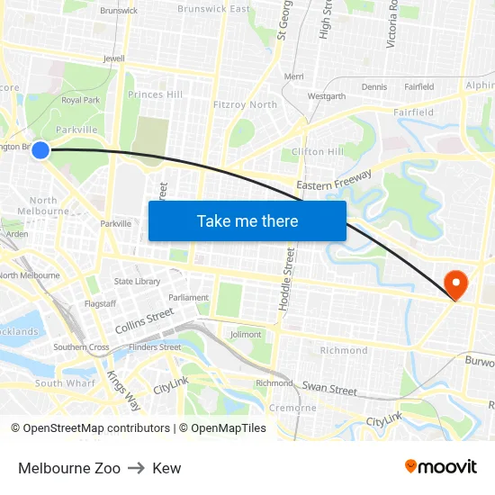 Melbourne Zoo to Kew map