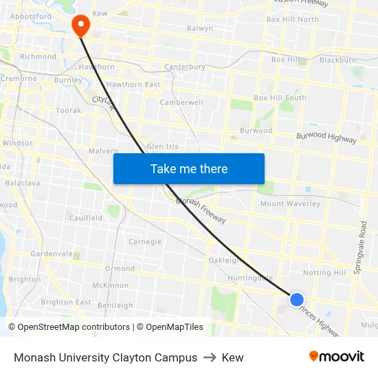 Monash University Clayton Campus to Kew map