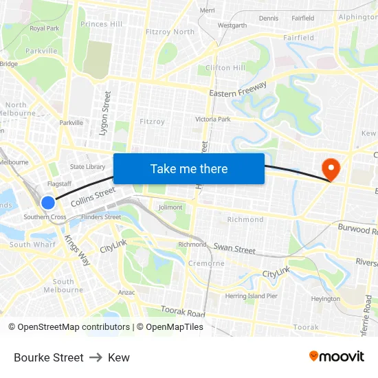 Bourke Street to Kew map