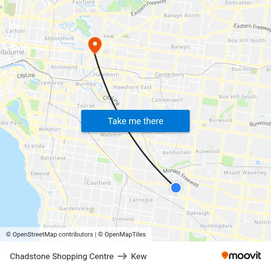 Chadstone Shopping Centre to Kew map