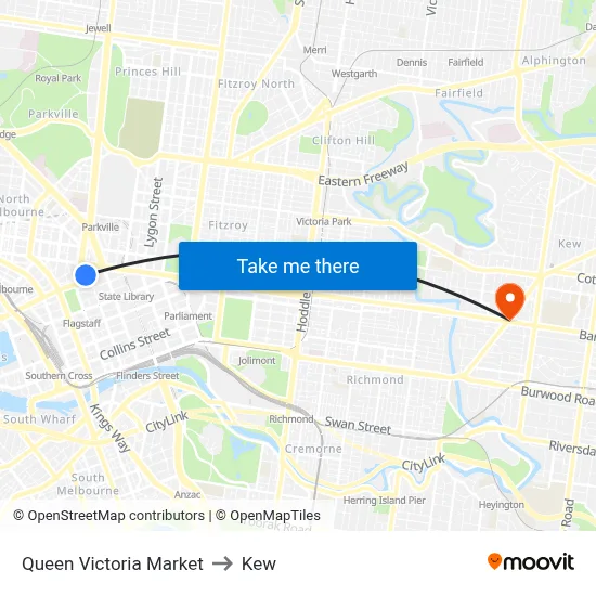 Queen Victoria Market to Kew map