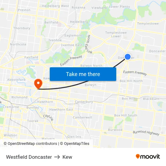 Westfield Doncaster to Kew map