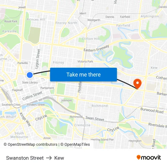 Swanston Street to Kew map